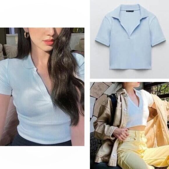 NWT ZARA Cropped Ribbed Polo Top Sz Medium Blue - Picture 1 of 4